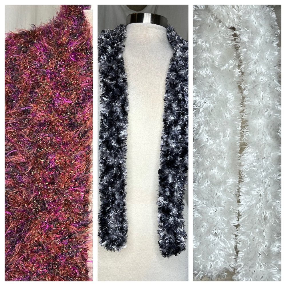 Three scarf set 1 maroon stretch soft knit 2 marbled black white gray 3 white